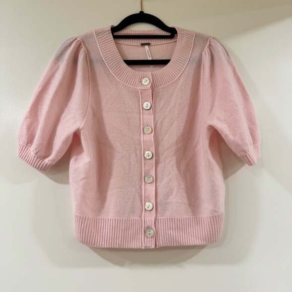 Free People Pink Isla Wool Cashmere Blend Solid Short Sleeve Cardigan Size XS - Picture 2 of 7